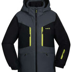 Kamik Boys Max Insulated Jacket 2024 - A dark gray jacket with a hood, featuring lime green zippers and accents on the chest pockets.