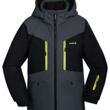 Kamik Boys Max Insulated Jacket 2024 - A dark gray jacket with a hood, featuring lime green zippers and accents on the chest pockets.