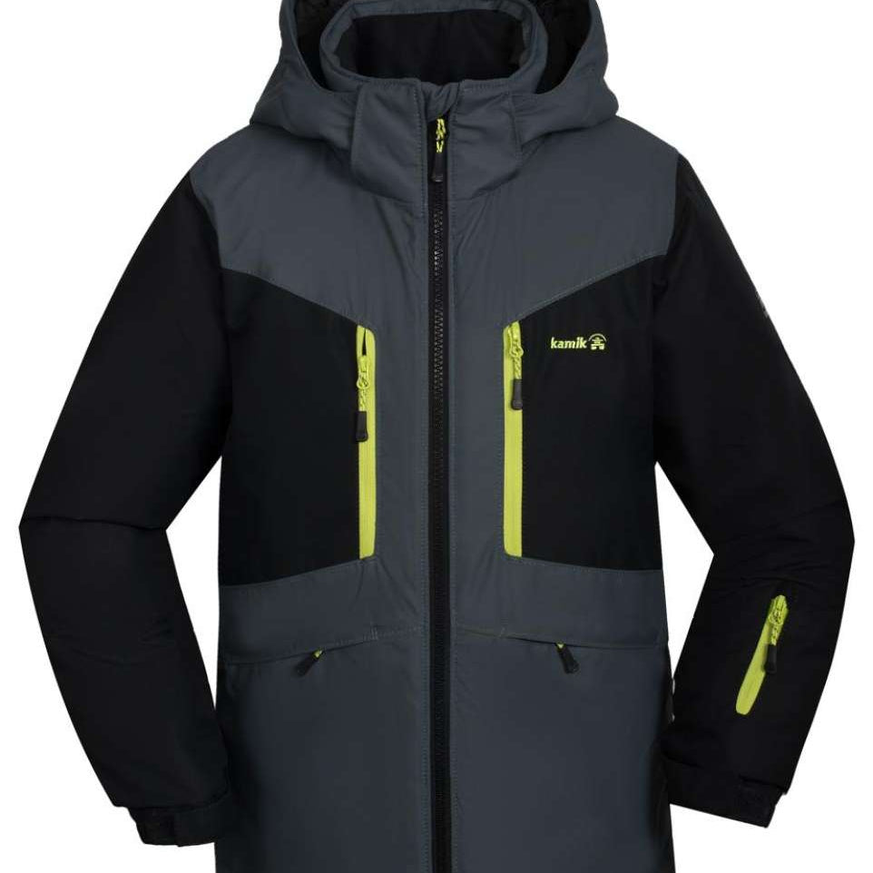 Kamik Boys Max Insulated Jacket 2024 - A dark gray jacket with a hood, featuring lime green zippers and accents on the chest pockets.