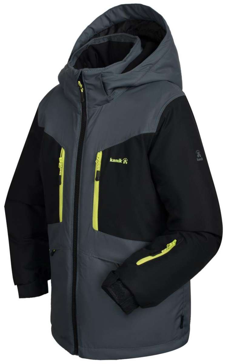 Kamik Boys Max Insulated Jacket 2024 - A dark gray jacket with a hood, featuring neon yellow zippers and accents on the chest pocket.