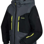 Kamik Boys Max Insulated Jacket 2024 - A dark gray jacket with a hood, featuring neon yellow zippers and accents on the chest pocket.
