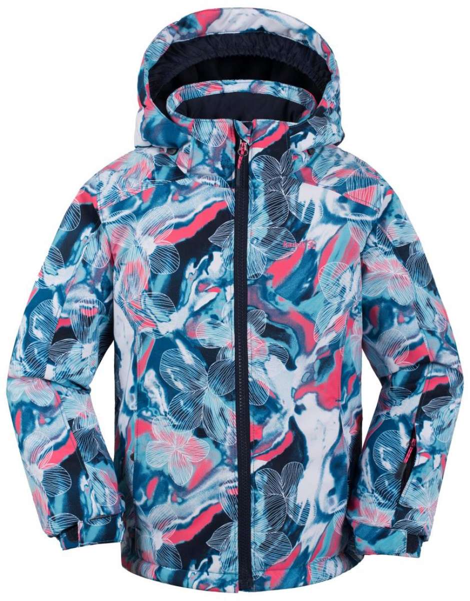 Kamik Junior's Tallie Floressence Jacket - A blue and pink jacket with a floral pattern, featuring white flowers and leaves.