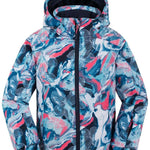 Kamik Junior's Tallie Floressence Jacket - A blue and pink jacket with a floral pattern, featuring white flowers and leaves.