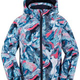 Kamik Junior's Tallie Floressence Jacket - A blue and pink jacket with a floral pattern, featuring white flowers and leaves.