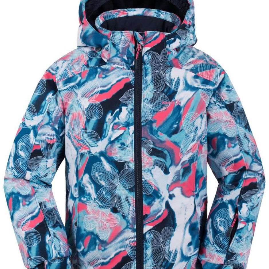 Kamik Junior's Tallie Floressence Jacket - A blue and pink jacket with a floral pattern, featuring white flowers and leaves.