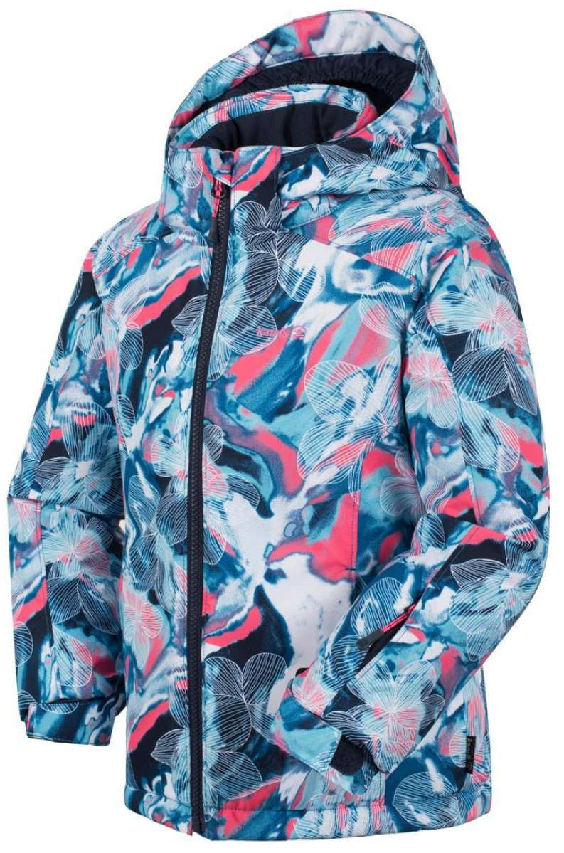 Kamik Junior's Tallie Floressence Jacket - A blue and pink jacket with a floral pattern, featuring white flowers and leaves on a navy background.