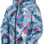 Kamik Junior's Tallie Floressence Jacket - A blue and pink jacket with a floral pattern, featuring white flowers and leaves on a navy background.