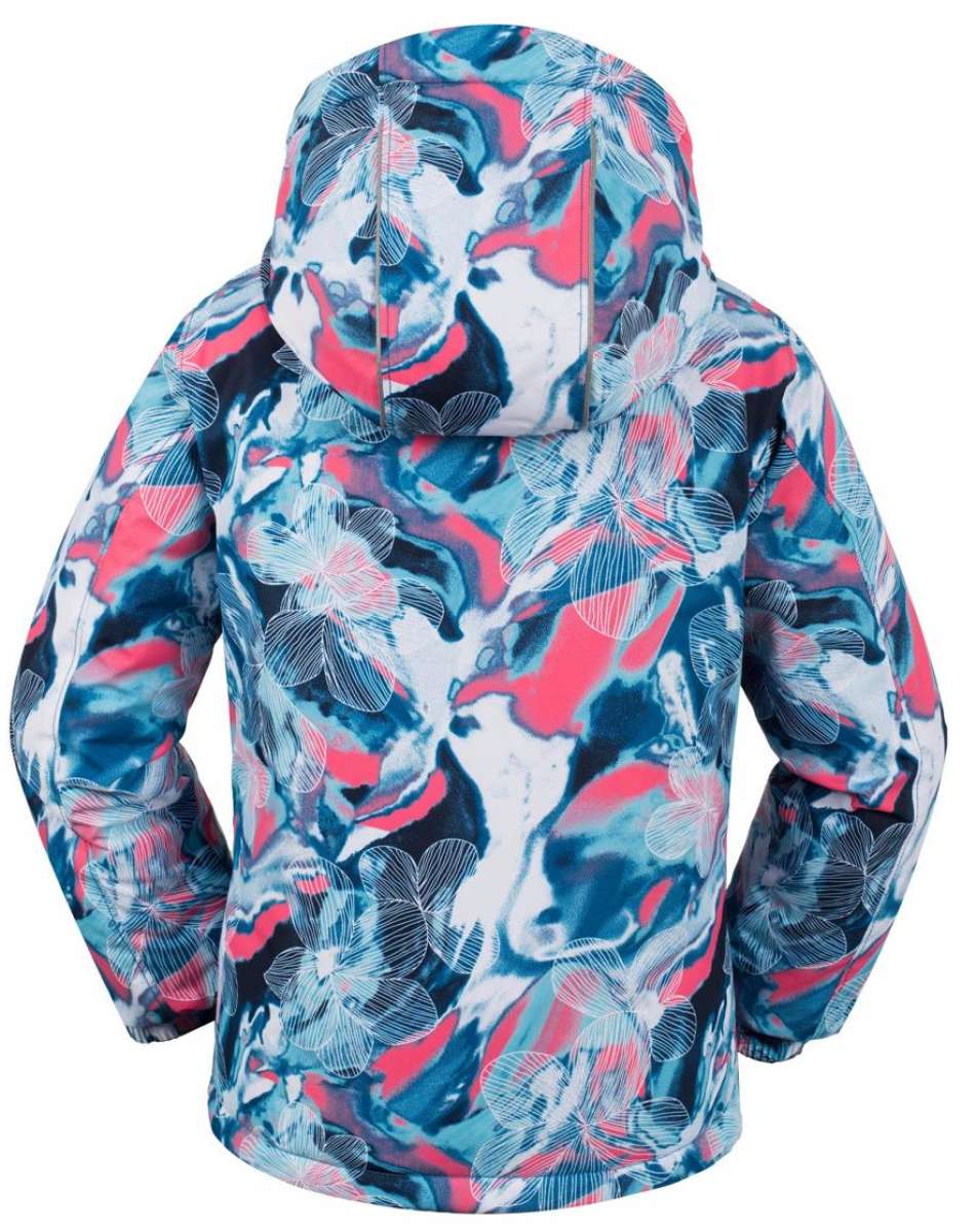 Kamik Junior's Tallie Floressence Jacket 2024 - A blue and pink jacket with a floral pattern, featuring white flowers and leaves.