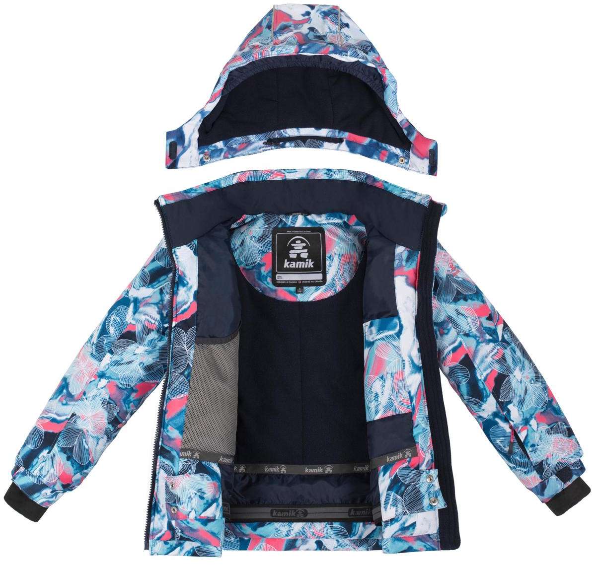 Kamik Junior's Tallie Floressence Jacket 2024 - A blue and pink floral patterned jacket with a hood, featuring a navy lining.