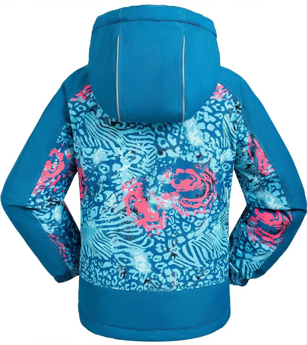 Kamik Girls Koko Insulated Jacket 2024 - A blue jacket with a pink snowflake pattern on the front and back, featuring a hood and zipper closure.