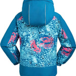 Kamik Girls Koko Insulated Jacket 2024 - A blue jacket with a pink snowflake pattern on the front and back, featuring a hood and zipper closure.