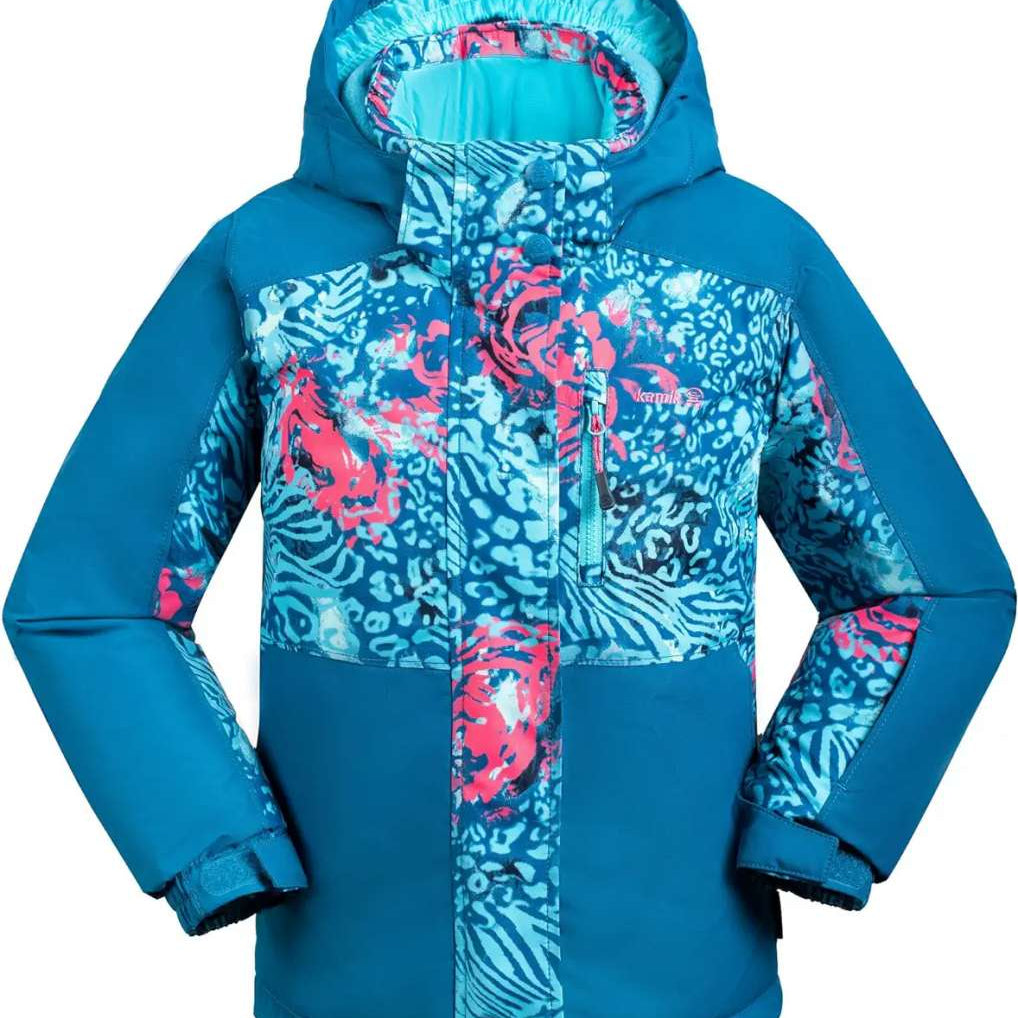 Kamik Girls Koko Insulated Jacket 2024 - A blue and pink snow leopard patterned jacket with a hood, featuring a zipper closure.