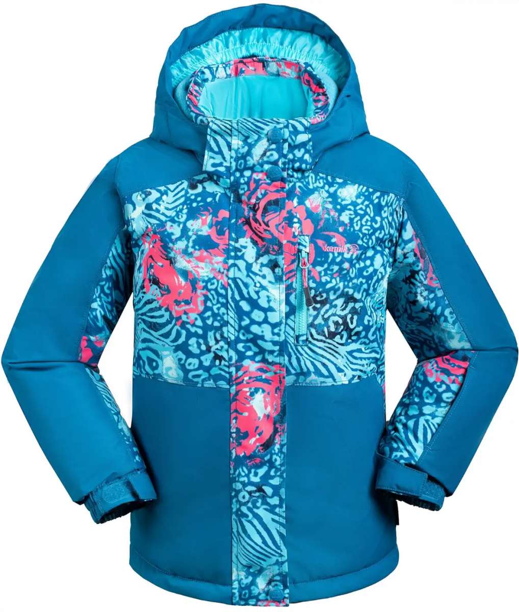 Kamik Girls Koko Insulated Jacket 2024 - A blue and pink snow leopard patterned jacket with a hood, featuring a zipper closure.