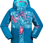 Kamik Girls Koko Insulated Jacket 2024 - A blue and pink snow leopard patterned jacket with a hood, featuring a zipper closure.