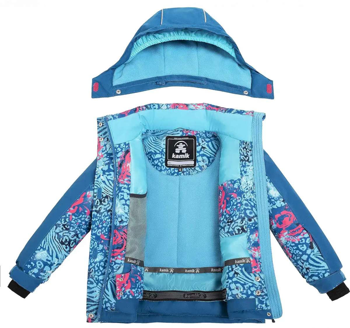 Kamik Girls Koko Insulated Jacket 2024 - A blue and pink snowflake patterned jacket with a hood, featuring a zipper closure on the front.