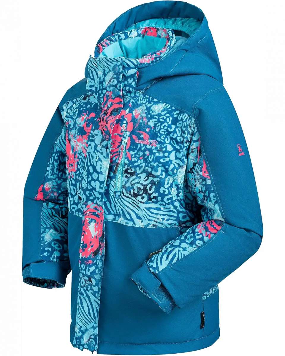 Kamik Girls Koko Insulated Jacket 2024 - A blue and pink snow leopard patterned jacket with a hood, featuring a zipper closure.