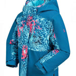 Kamik Girls Koko Insulated Jacket 2024 - A blue and pink snow leopard patterned jacket with a hood, featuring a zipper closure.