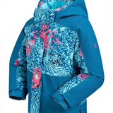 Kamik Girls Koko Insulated Jacket 2024 - A blue and pink snow leopard patterned jacket with a hood, featuring a zipper closure.