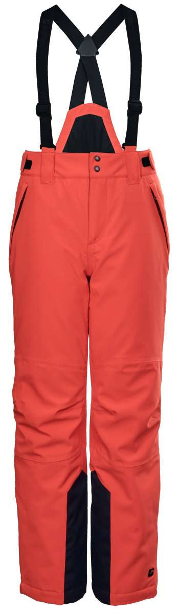 Killtec Boys Functional Bib 2022-2023 - A pair of bib-style snow pants with a black and red color scheme, featuring adjustable suspenders and multiple pockets.