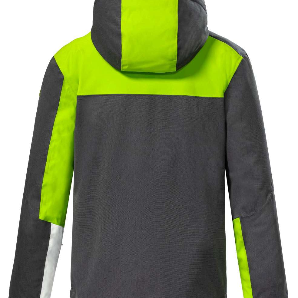 Killtec Boys KSW159 Two Color Jacket 2022-2023 - A gray jacket with a neon green stripe across the chest and down one arm.