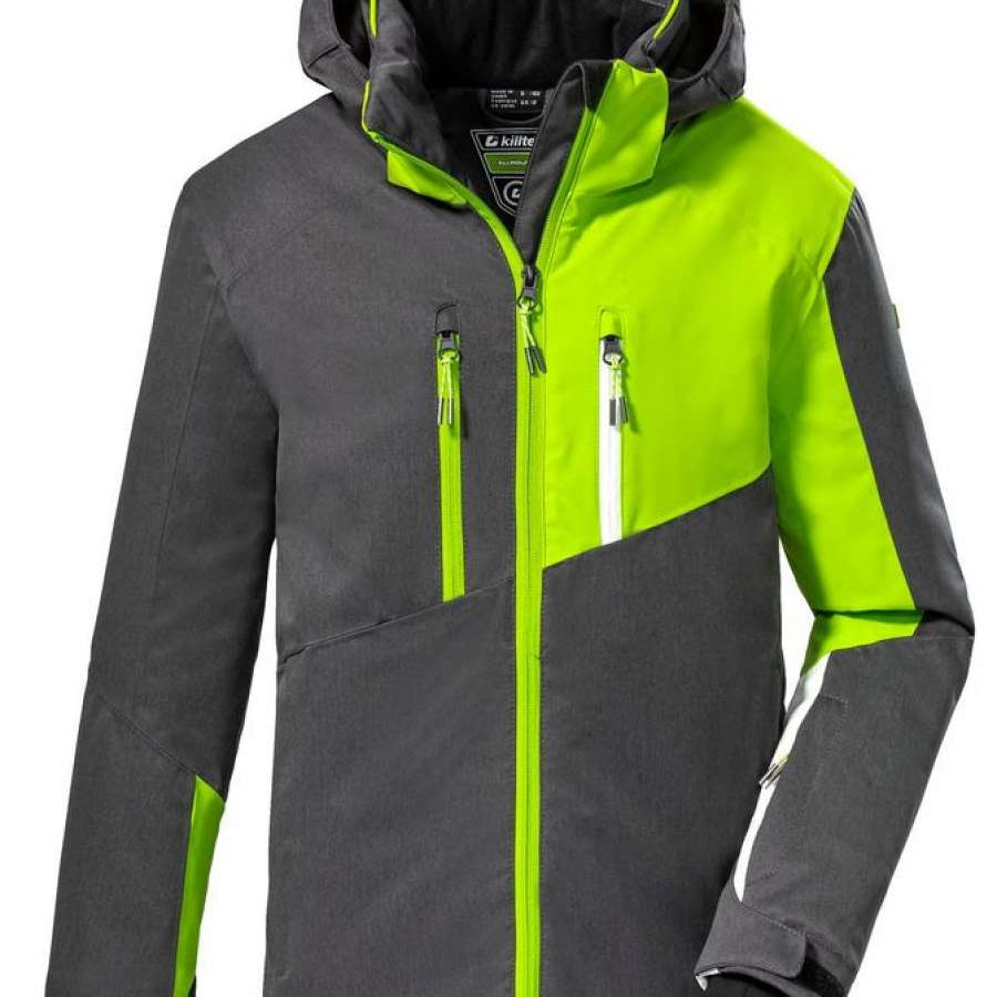 Killtec Boys KSW159 Two Color Jacket 2022-2023 - A two-tone jacket with a darker gray base and neon green accents on the sleeves, hood, and zipper.