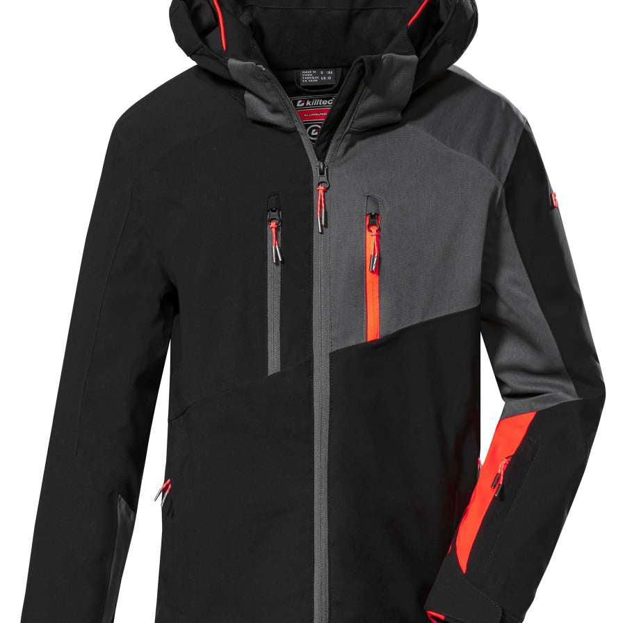 Killtec Boys KSW159 Two Color Jacket 2022-2023 - A black and grey jacket with a hood, featuring two zippered pockets on the front.