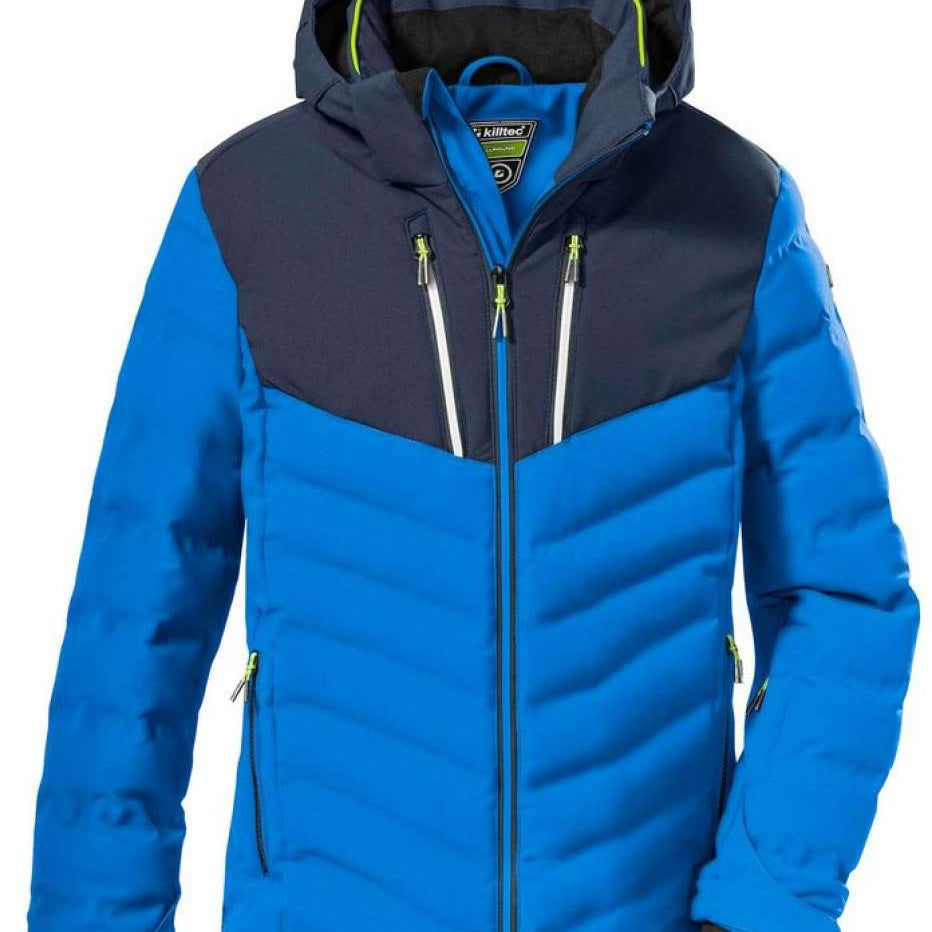 Killtec Boys KSW163 Quilted Insulated Jacket 2022-2023 - A blue and black quilted insulated jacket with neon green accents on the zipper pulls.