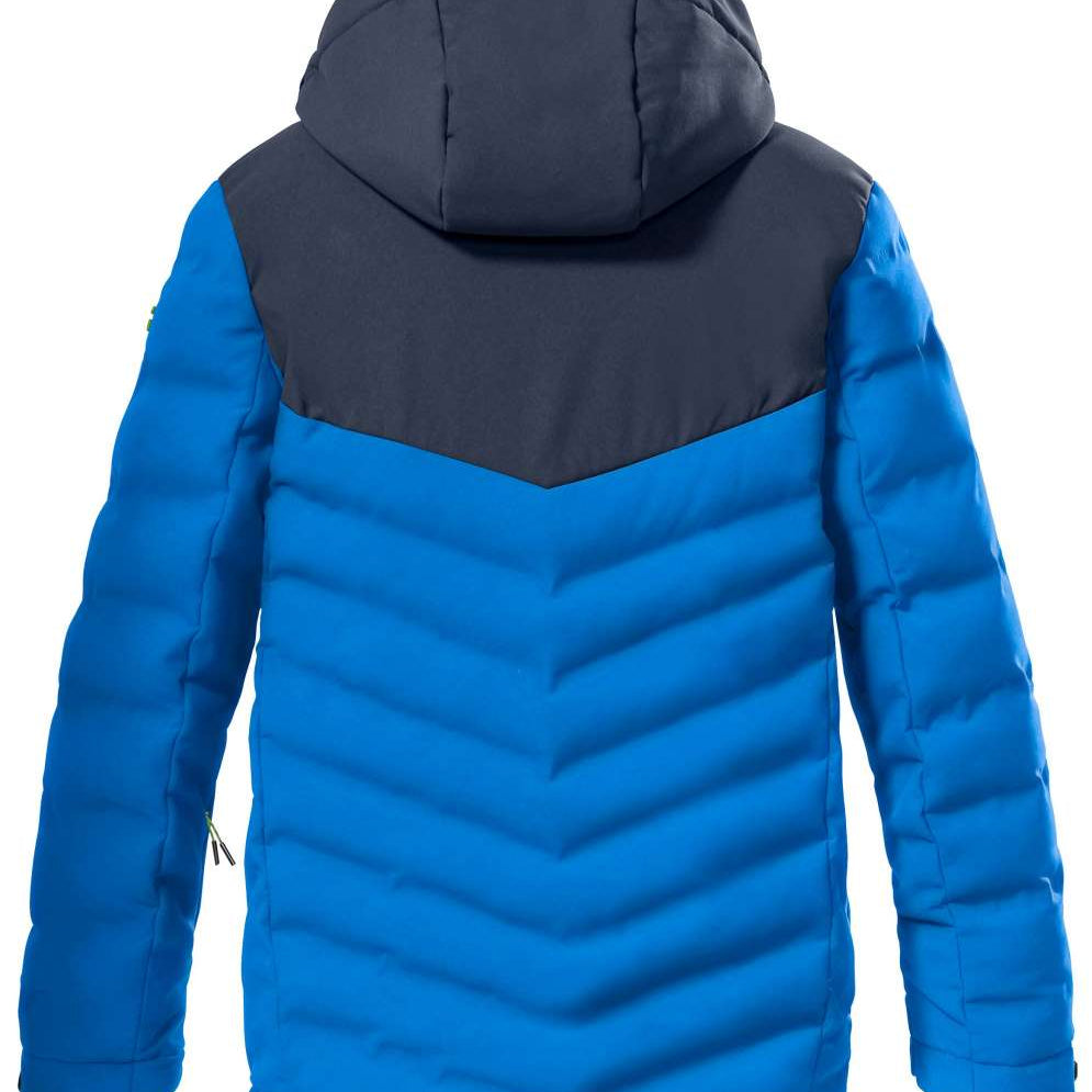 Killtec Boys KSW163 Quilted Insulated Jacket 2022-2023 - A blue and black quilted insulated jacket with a hood, featuring a zipper closure and two zippered pockets.