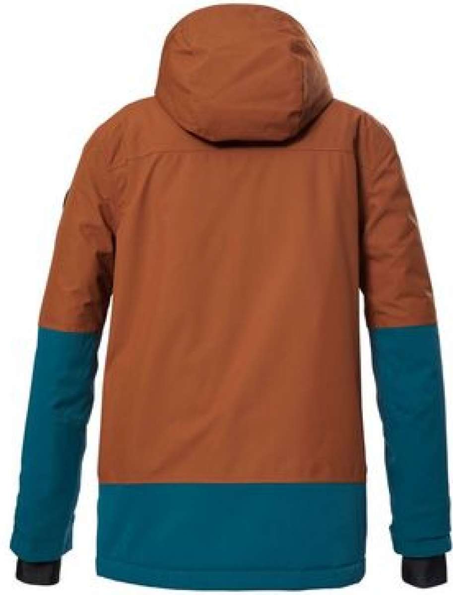 Killtec Boys KSW 127 Insulated Jacket 2024 - A brown and green boys' jacket with a hood, featuring a zipper closure on the front.