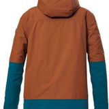 Killtec Boys KSW 127 Insulated Jacket 2024 - A brown and green boys' jacket with a hood, featuring a zipper closure on the front.