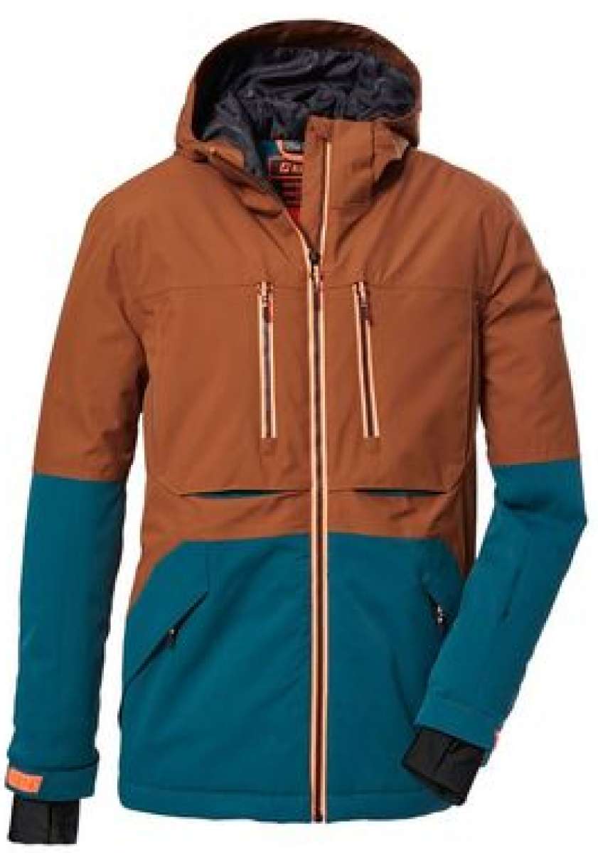 Killtec Boys KSW 127 Insulated Jacket 2024 - A brown and blue boys' jacket with a hood, featuring two zippered pockets on the front.