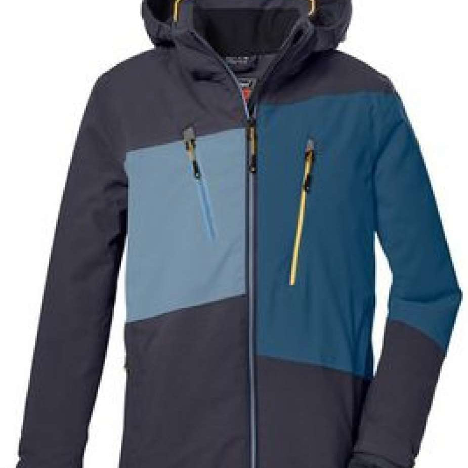 Killtec Boys KSW 174 Insulated Jacket - A dark blue and light blue color-blocked jacket with a hood, featuring two zippered pockets on the front.