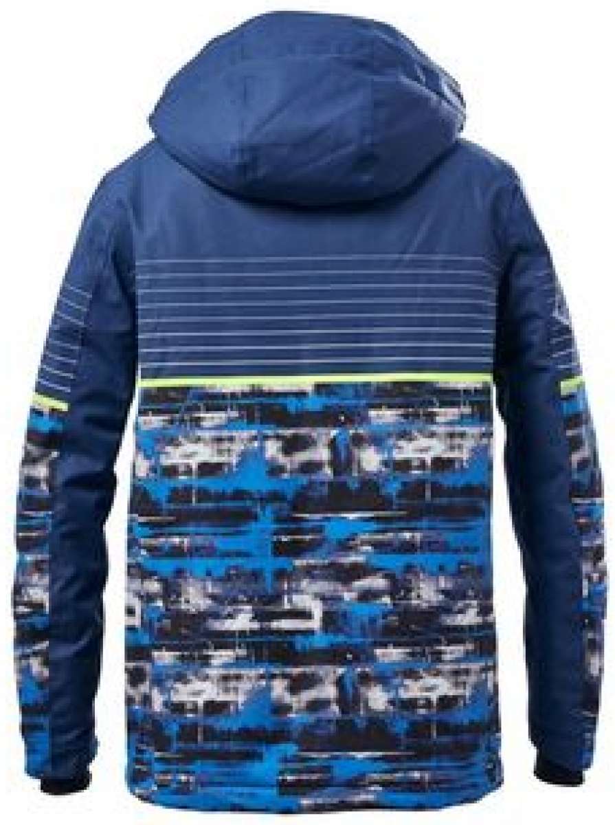 Killtec Boys Ski Allround Print Jacket 2022 - A navy blue jacket with a horizontal white stripe across the chest and a pattern of dark gray, light gray, and royal blue stripes on the lower half.