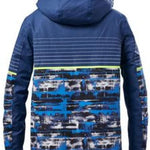 Killtec Boys Ski Allround Print Jacket 2022 - A navy blue jacket with a horizontal white stripe across the chest and a pattern of dark gray, light gray, and royal blue stripes on the lower half.
