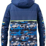 Killtec Boys Ski Allround Print Jacket 2022 - A navy blue jacket with a horizontal white stripe across the chest and a pattern of dark gray, light gray, and royal blue stripes on the lower half.