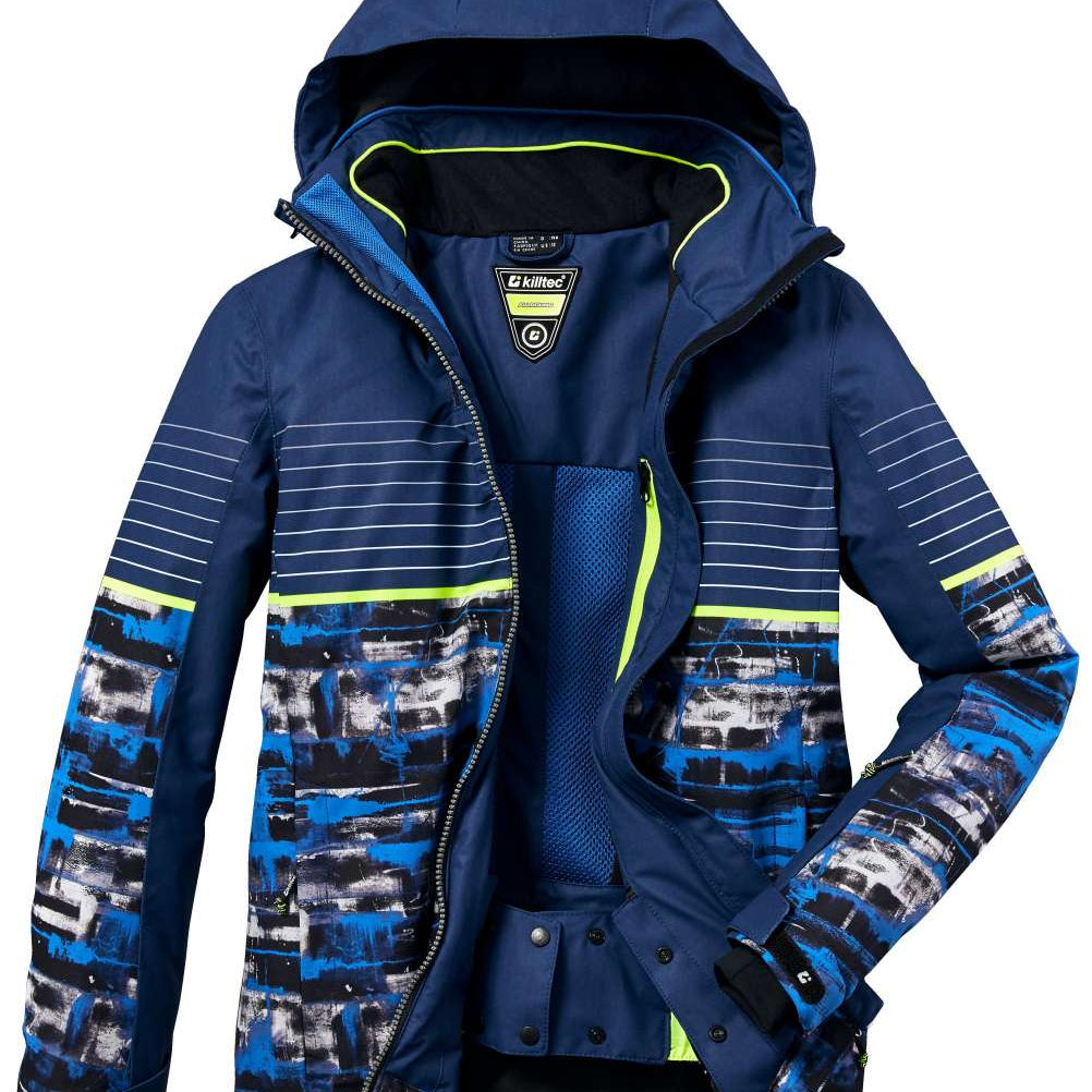 Killtec Boys Ski Allround Print Jacket 2022 - A navy blue jacket with a white and black abstract print on the chest, sleeves, and bottom hem.
