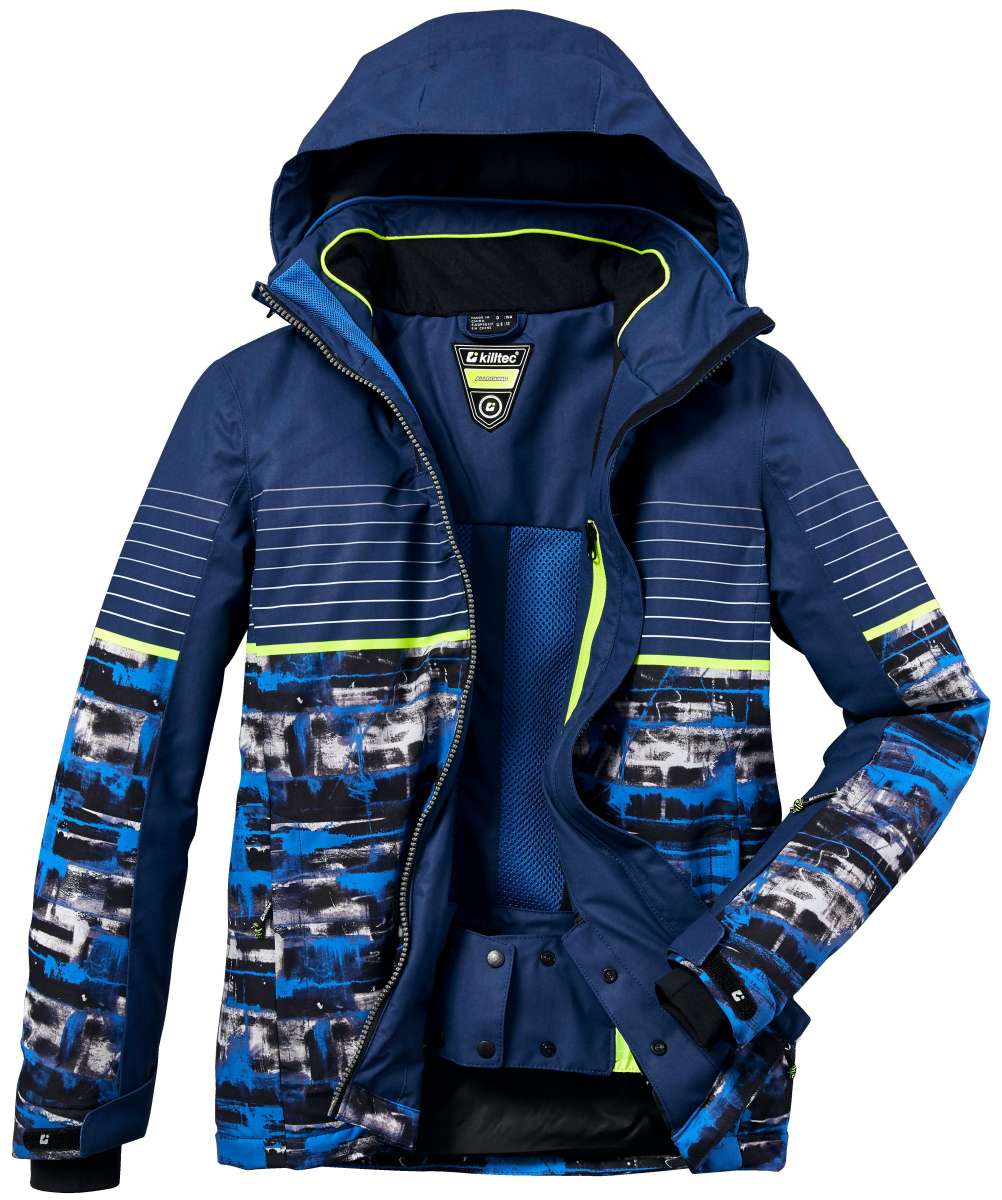 Killtec Boys Ski Allround Print Jacket 2022 - A navy blue jacket with a white and black abstract print on the chest, sleeves, and bottom hem.