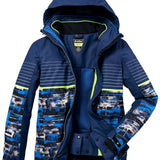 Killtec Boys Ski Allround Print Jacket 2022 - A navy blue jacket with a white and black abstract print on the chest, sleeves, and bottom hem.