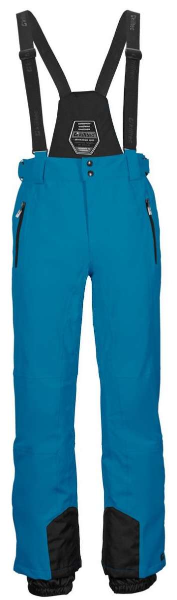 Killtec Enosh Detachable Suspender Pant 2022-2023 - A pair of blue ski pants with black detachable suspender straps and a zippered pocket on the left thigh.