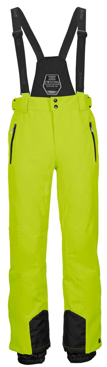 Killtec Enosh Detachable Suspender Pant 2022-2023 - A pair of lime green snow pants with black detachable suspenders and a zippered pocket on the side.