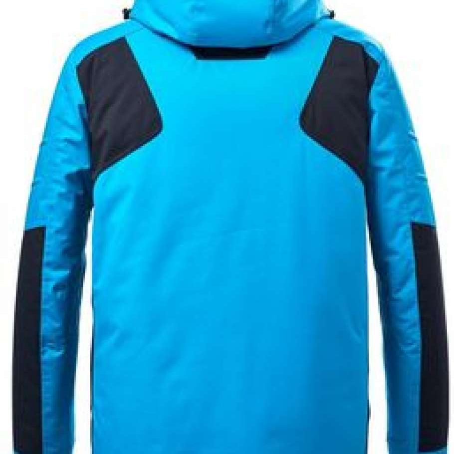 Killtec Functional Ski Jacket 2022 - A bright blue ski jacket with black accents on the shoulders and sleeves, featuring a hood and zippered pockets.