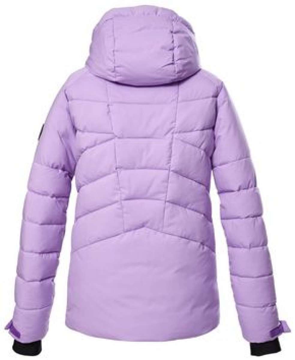 Killtec Girls KSW 116 Quilted Insulated Jacket 2024 - A light purple quilted jacket with a hood, featuring black accents on the sleeves and zipper.
