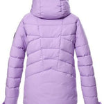 Killtec Girls KSW 116 Quilted Insulated Jacket 2024 - A light purple quilted jacket with a hood, featuring black accents on the sleeves and zipper.