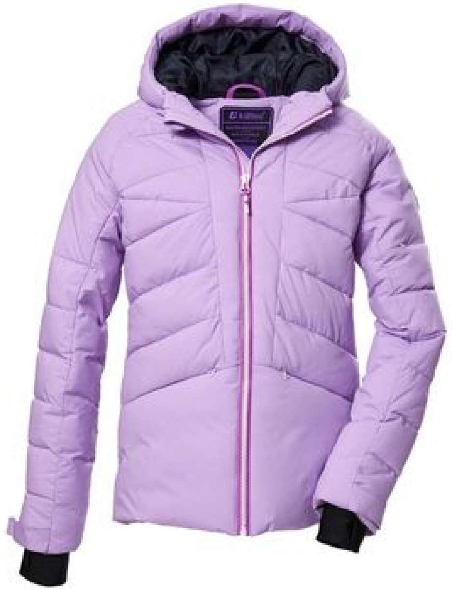 Killtec Girls KSW 116 Quilted Insulated Jacket 2024 - A light purple quilted jacket with a hood, featuring a zipper down the front and two pockets on either side.