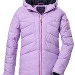 Killtec Girls KSW 116 Quilted Insulated Jacket 2024 - A light purple quilted jacket with a hood, featuring a zipper down the front and two pockets on either side.