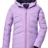 Killtec Girls KSW 116 Quilted Insulated Jacket 2024 - A light purple quilted jacket with a hood, featuring a zipper down the front and two pockets on either side.