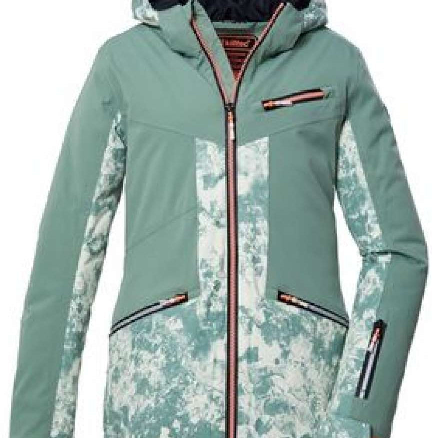 Killtec Girls KSW 118 Insulated Jacket 2024 - A light blue and white snowboard jacket with a hood, featuring a pattern of abstract shapes resembling trees or branches.