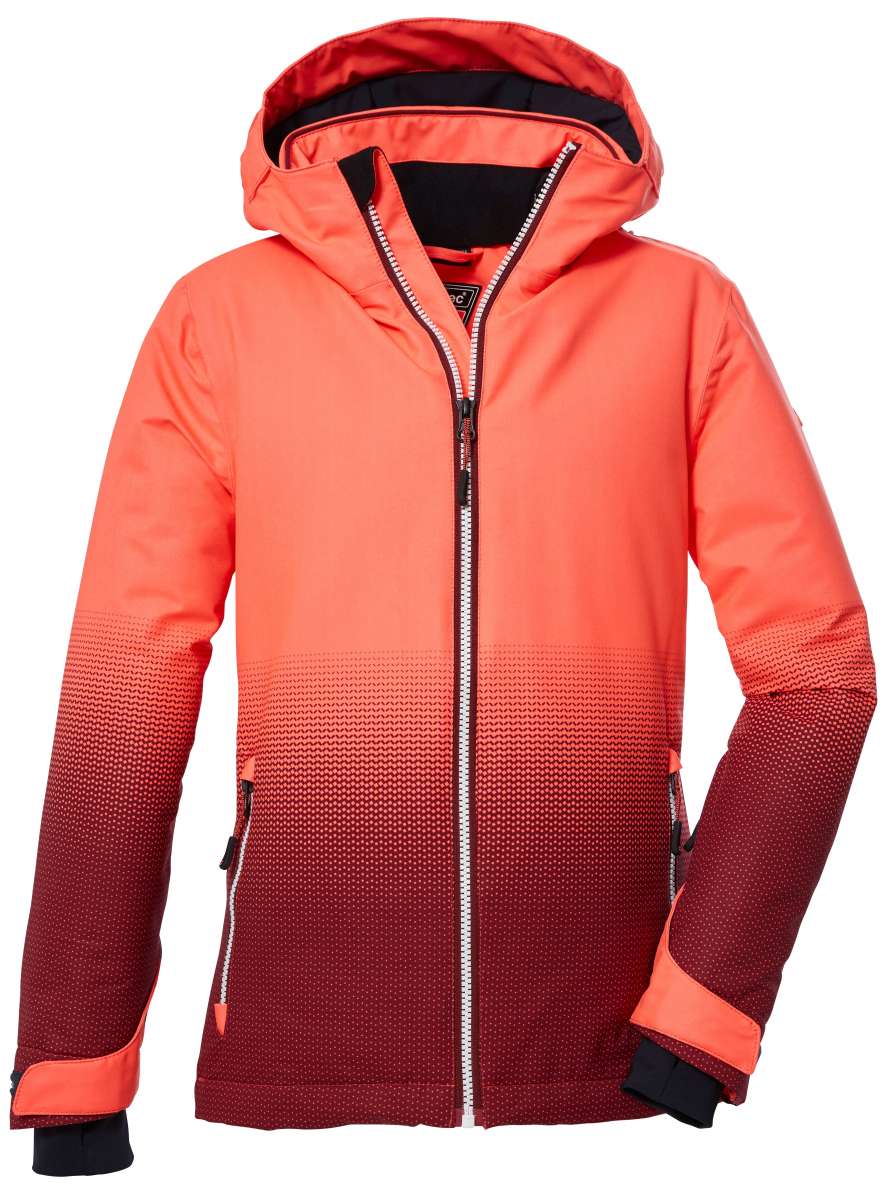 Killtec Girls KSW 183 Jacket - A coral-colored jacket with a gradient effect that darkens to maroon at the bottom, featuring a zipper and hood.