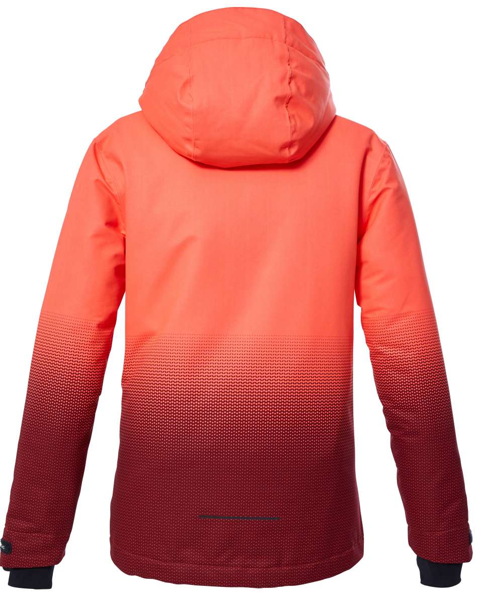 Killtec Girls KSW 183 Jacket 2024 - A coral-colored jacket with a hood, featuring a subtle pattern of small white dots on the lower portion.