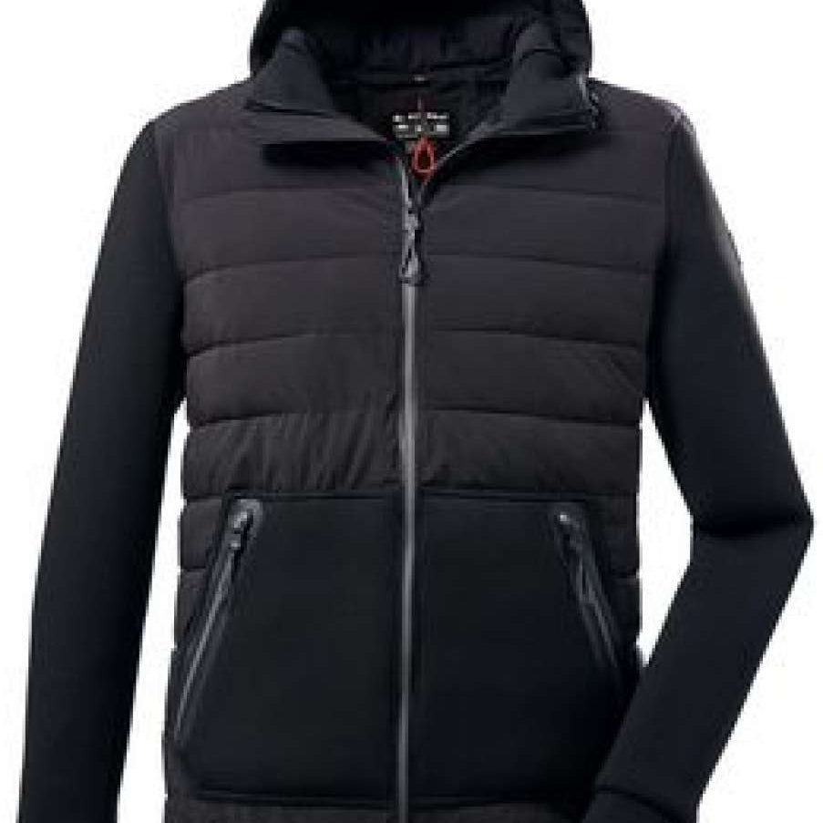Killtec Hybrid Jacket With Hood 2022 - A black jacket with a hood, featuring horizontal quilted lines on the torso and sleeves.